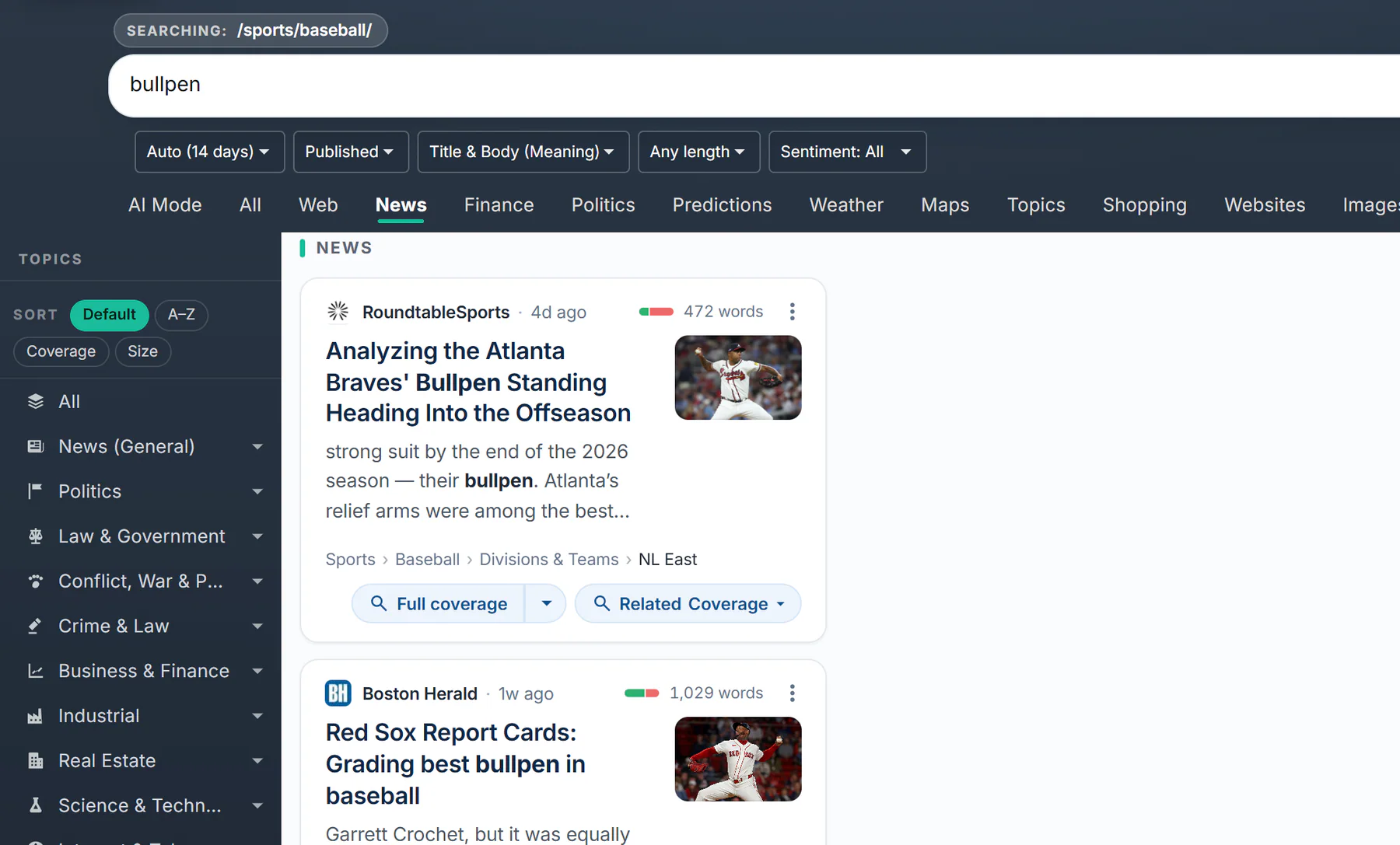 Search results for bullpen inside the Baseball topic: the Searching label above the search box names the topic, and the news results below come only from that topic